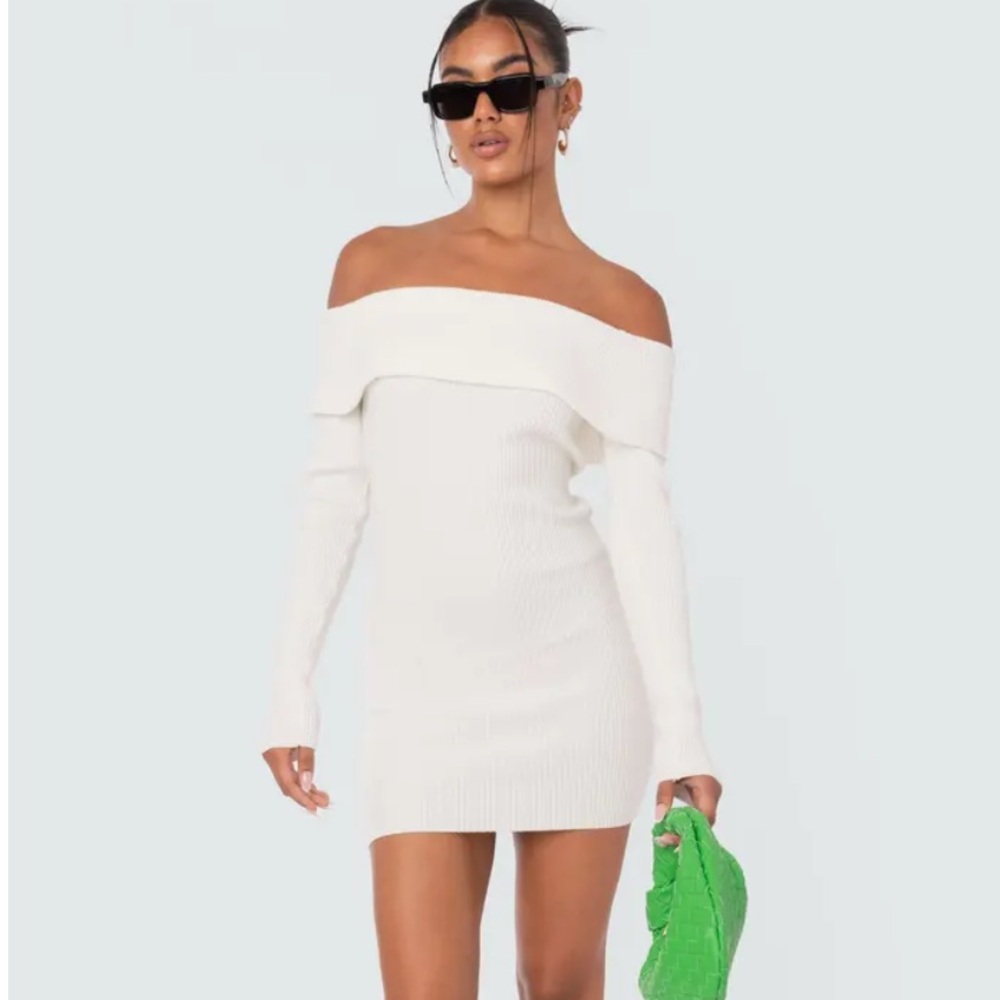 Edikted Off-Shoulder Ribbed Mini Dress in White